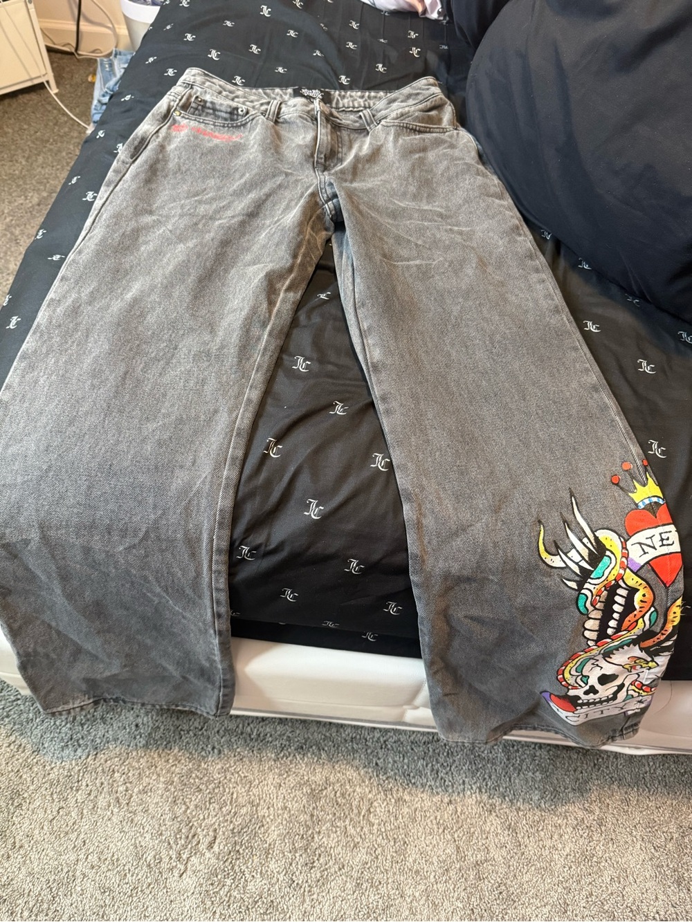 Ed Hardy Gray Jeans with Colorful Right Leg Tattoo Graphic